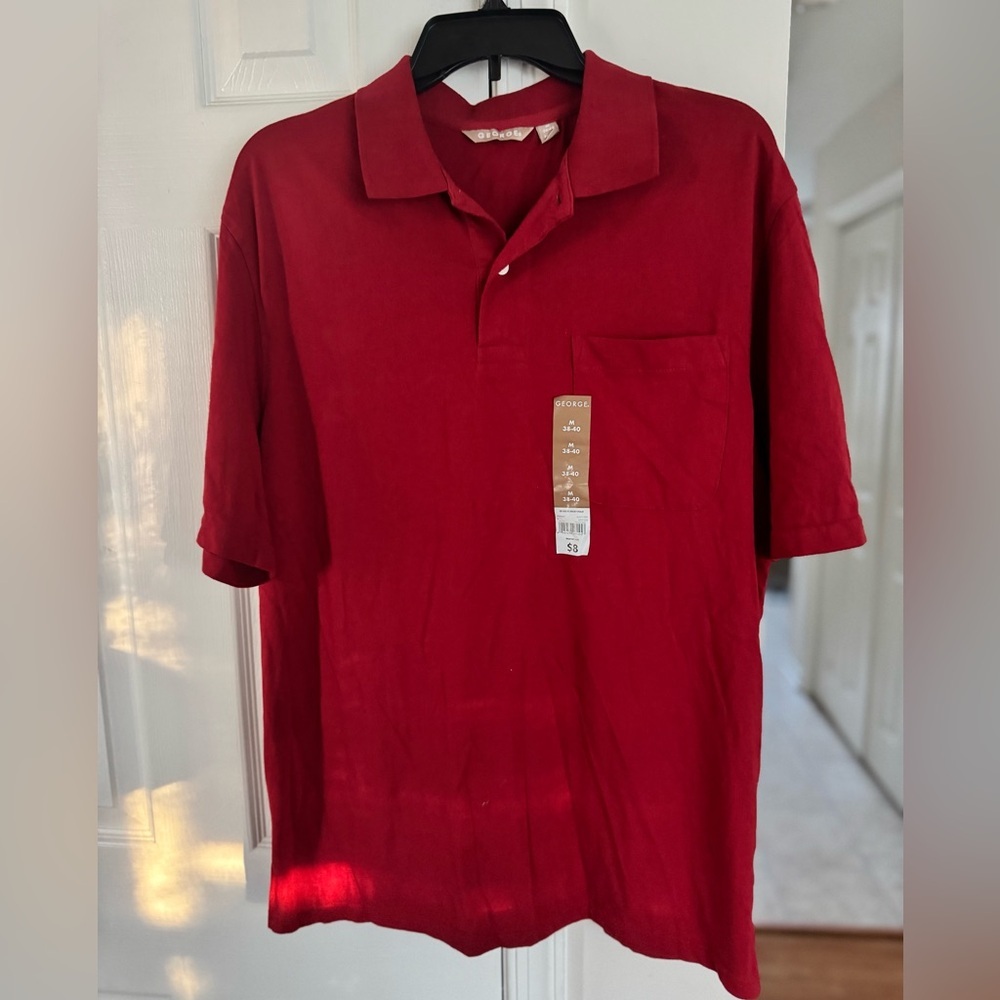George Men's M Medium Red Solid Jersey Polo Shirt NWT Pocket Collared Casual